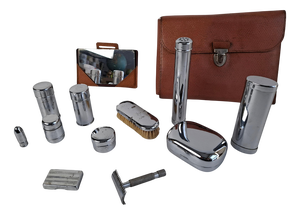 Art Deco Mens Travel Shaving Kit in Leather Case, Czechoslovakia, 1930s