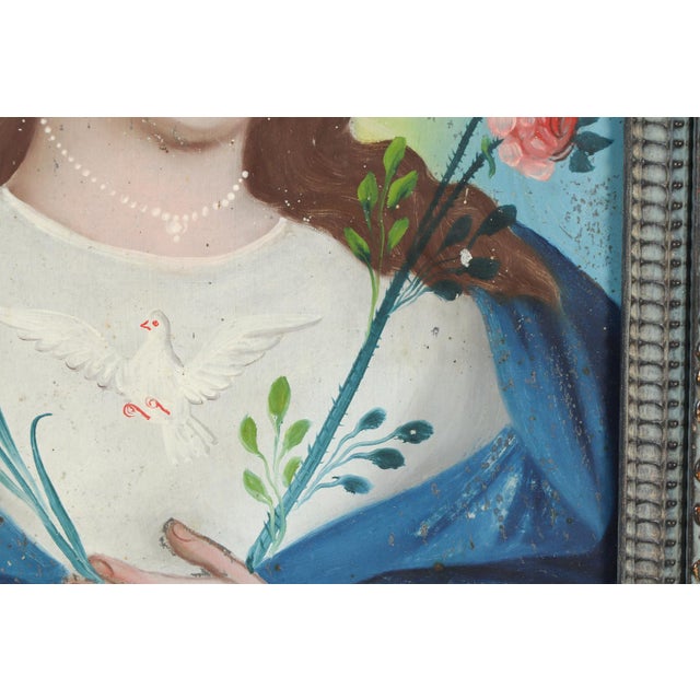 Blue Our Lady of the Dove, Oil on Tin, 19th Century For Sale - Image 8 of 15