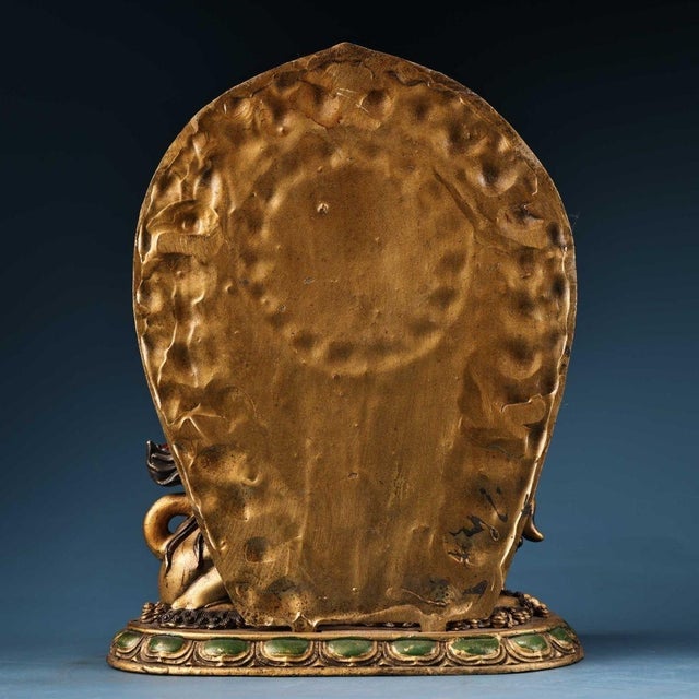 Late 20th Century Gilt Painted Bronze Manjushri Bodhisattva Sculpture Seated on Lion For Sale - Image 4 of 9
