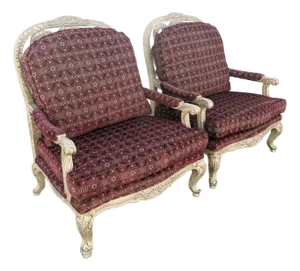 Carved French Provincial Louis XV-style Fauteuil Armchairs - A Pair