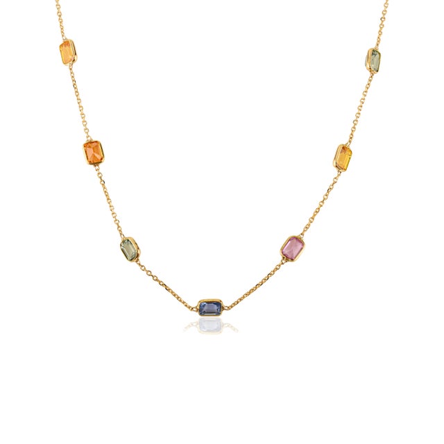 Modern 18k Yellow Gold 4.73 Carat Natural Multi-Color Sapphire Bezel Station Necklace For Sale - Image 3 of 13