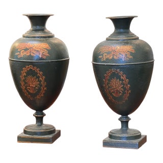 Pair of Neoclassical Tole Urns For Sale