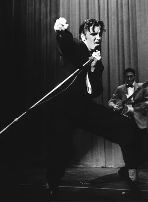 1956 "Elvis Presley at Los Angeles Performance" Black and White Photograph Print by Ernest Reshovsky