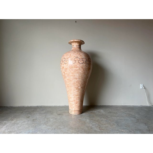 Overscale Maitland Smith - Style Tessellated Stone and Brass Inlaid Floor Vase/ Sold For Sale - Image 4 of 13