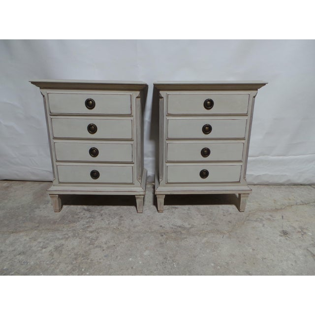 This is a very unique set of 4 drawer Gustavian style Nightstands. it was restored and repainted with Milk Paints "Oyster...
