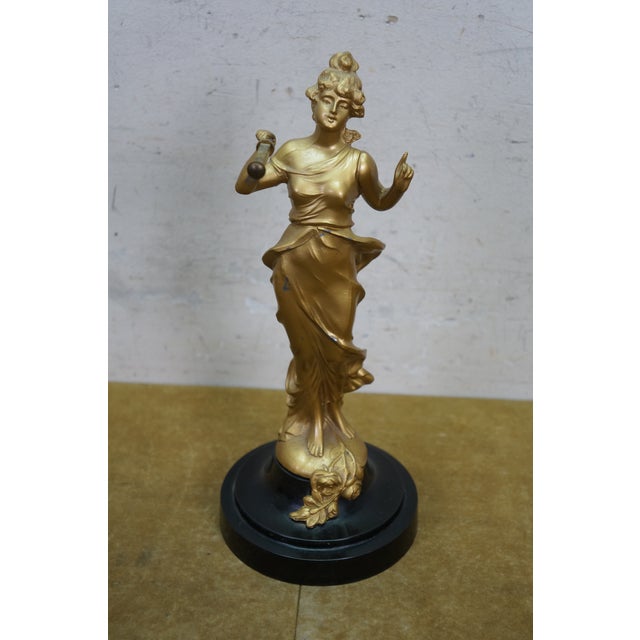 Brass Japanese Linden Art Nouveau Swinging 8 Day Diana Statue Desk Clock 14" For Sale - Image 8 of 18