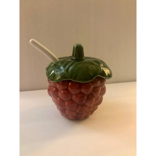 Mid-Century Modern 1970s Majolica Berry Condiment Jam Jars With Spoons - A Pair For Sale - Image 3 of 6