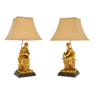 Antique Victorian Gilt Bronze and Marble Table Lamps, 1880s, Set of 2 For Sale