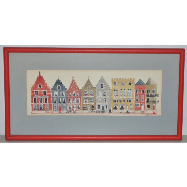 Paint Vintage Bruges Row Houses Original Watercolor C.1980s For Sale - Image 7 of 7