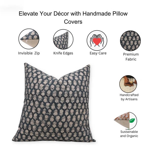 Not Yet Made - Made To Order Fabdivine Decorative Cushion Cover 20x20 Inch Block Printed - Tulsi Buti For Sale - Image 5 of 5