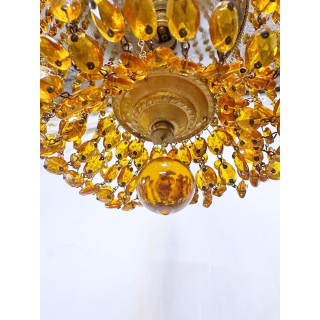 Metal Vintage Amber Glass Beaded Basket Chandelier With Ornate Brass Frame For Sale - Image 7 of 9
