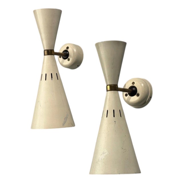 1960s Italian Modern, White Lacquered Metal, Brass, Wall Sconces, Italy - a Pair For Sale
