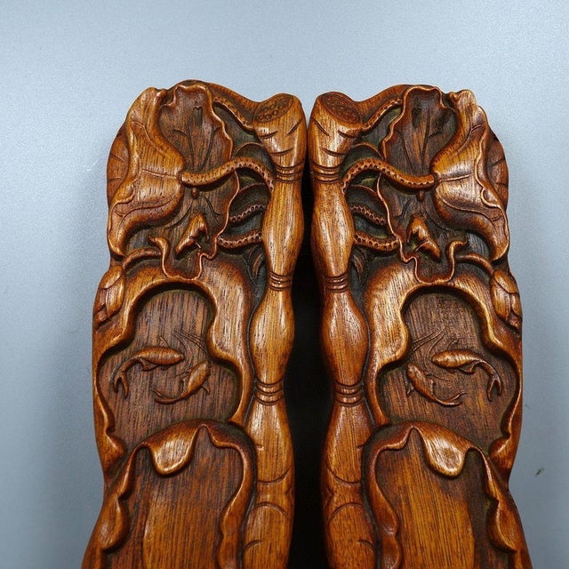 1990s Pair of Carved Rosewood Paperweights With Lotus Leaf Motif - Asian Scholar's Objects For Sale - Image 5 of 9