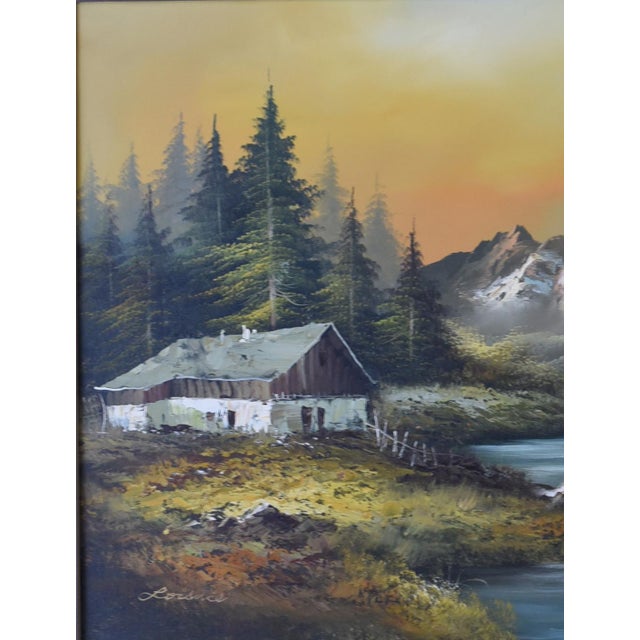 An enchanting oil on canvas that captures the magical ambiance of an alpine setting. The painting features rugged, snow-...