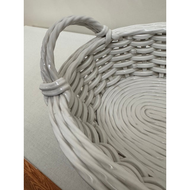French Shabby Chic Woven Wicker White Glazed Earthenware Basket For Sale - Image 9 of 11