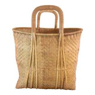 Vintage Wicker “Market Tote” Style Standing Basket For Sale