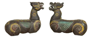 Antique Northern Thai Carved and Polychrome Mythical Guardian Animals - A Pair