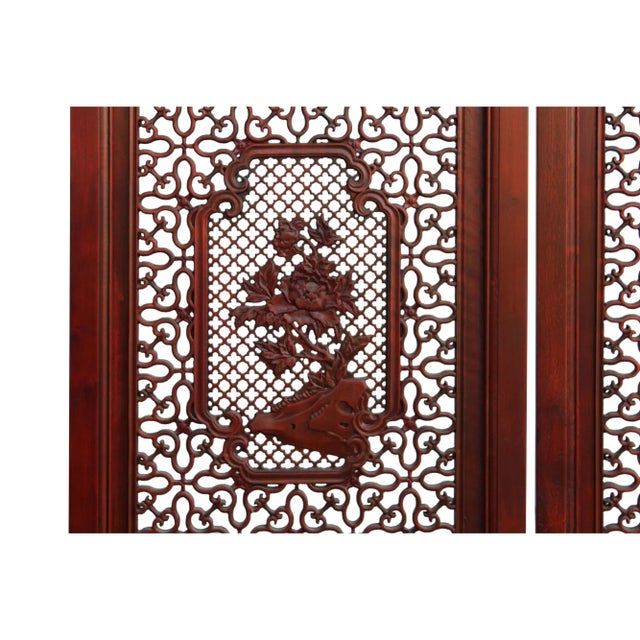Chinese Reddish Brown Stain 4 Seasons Flower Wood Panel Floor Screen For Sale - Image 10 of 13