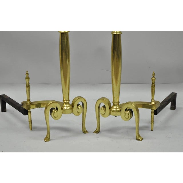 Gold Mid 20th Century French Art Nouveau Style Brass Urn Finial Fireplace Andirons - A Pair For Sale - Image 8 of 11