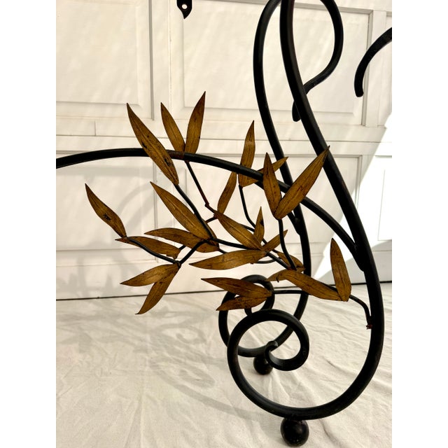 French 1960s Italian Style Wrought Iron & Gilt Leaf Glass Console Table For Sale - Image 3 of 15