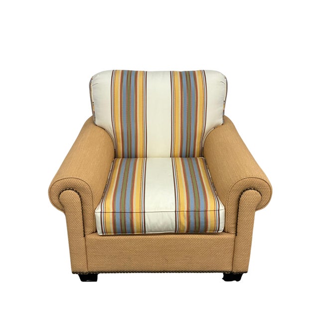 Classic upholstered lounge chair by Hickory Chair Furniture Company, featuring generously scaled rolled arms, tailored...
