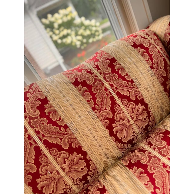 Chippendale-Style Camelback Sofa in Red & Gold Striped Damask With Claw-and-Ball Feet For Sale - Image 4 of 10