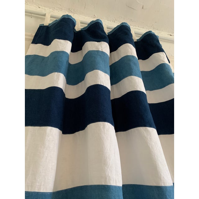 Patchwork Stripe Linen Window Panel — Natural Indigo Japanese Dyed For Sale - Image 11 of 12