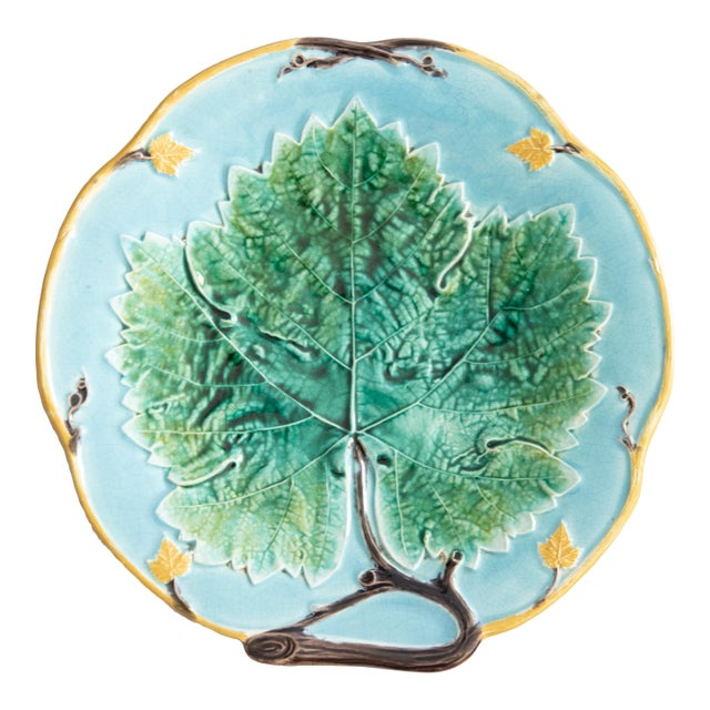 Antique English George Jones Turquoise Majolica Green Leaf Plate, Circa 1880 For Sale