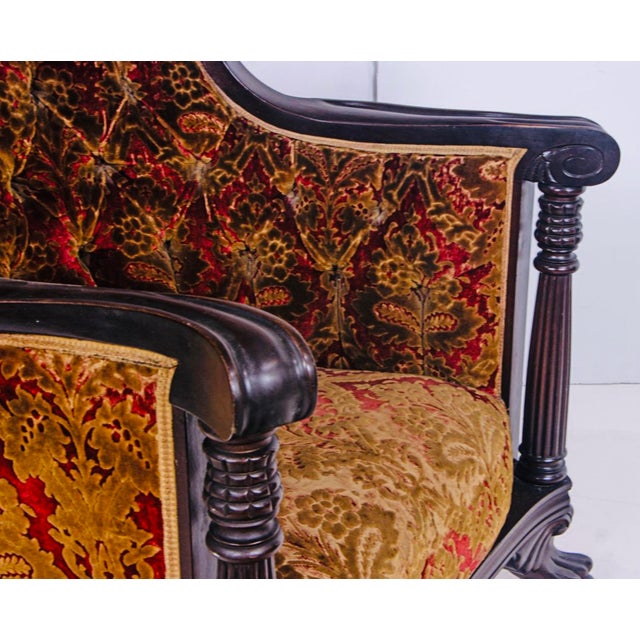 Gothic Jacobean Revival Carved Oak Armchair – Scroll Arms, Claw Feet & Figural Velvet Upholstery, C. 1920s For Sale - Image 3 of 3