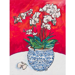 Lara Lee Meintjes Floral Still Life With Orchid in Chinoiserie Pheasant Pot Painting For Sale