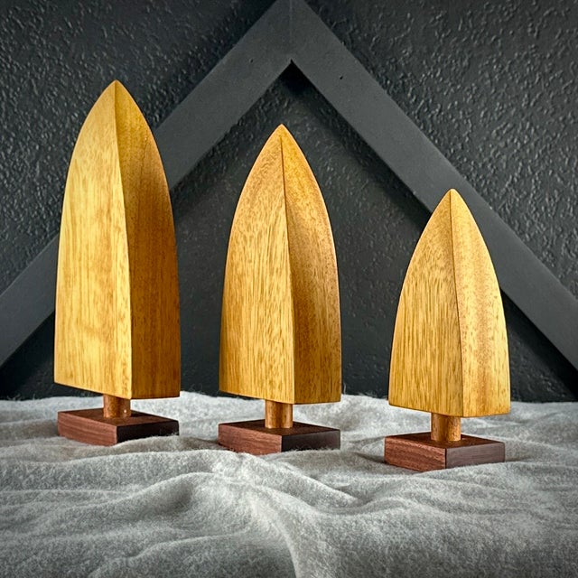 Mid-Century Modern Modern Handmade Teak Wood Tabletop Christmas Trees, Scandi Style Christmas Decor - Set of 3 For Sale - Image 3 of 12