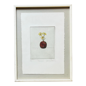 Vintage Hand Colored Etching of Yellow Flowers in Red Vase
