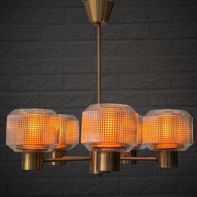 Scandinavian Modern Chandelier in Glass and Brass, 1960s For Sale - Image 6 of 14