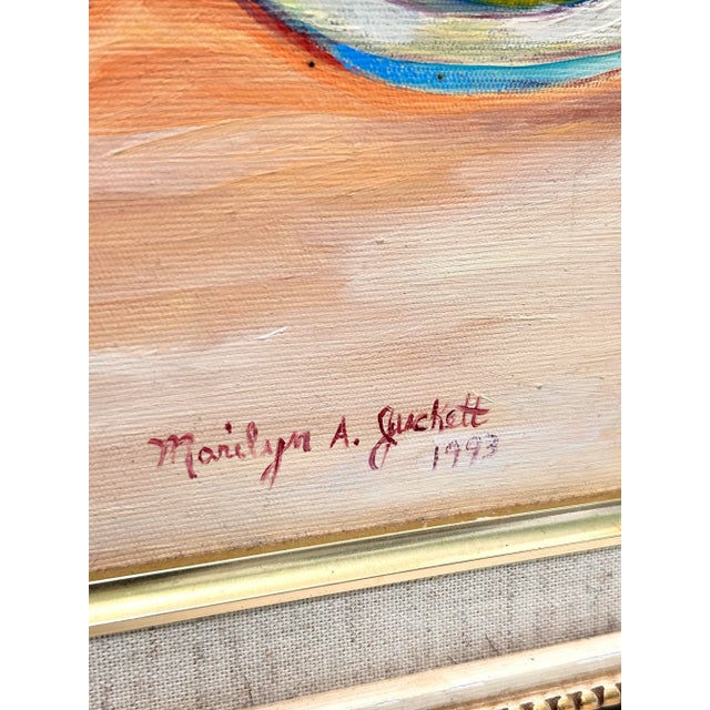 1990s 1993 Signed Marilyn A. Juckett Floral Still Life Painting in Gilt Frame For Sale - Image 5 of 10