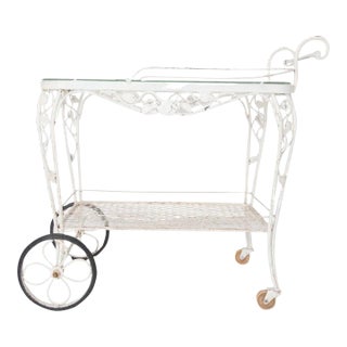 Vintage Woodard Chantilly Rose White Wrought Iron Tea or Bar Cart For Sale