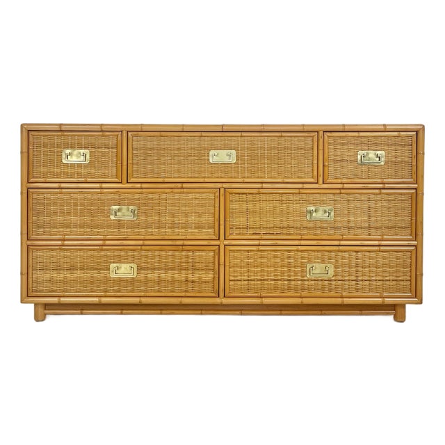 Vintage Campaign Style Faux Bamboo Wicker Chest of Drawers For Sale