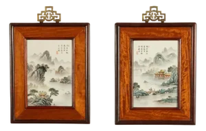 Pair Antique Chinese Republic Period Hand Painted Porcelain Hongmu Plaques 1920