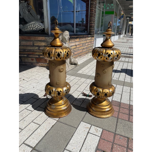 Pair of 1950s Regency Mid-Century Gold Lamps Lanterns For Sale - Image 11 of 11