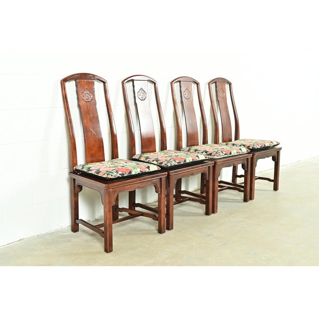 Henredon Henredon Hollywood Regency Chinoiserie Sculpted Mahogany Dining Chairs, Set of Four For Sale - Image 4 of 15
