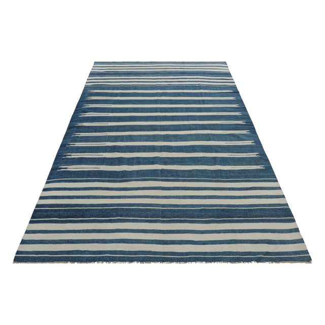 2010s Rug & Kilim’s Contemporary Dhurrie Rug With Blue and Off-White Geometric Stripes For Sale - Image 5 of 7