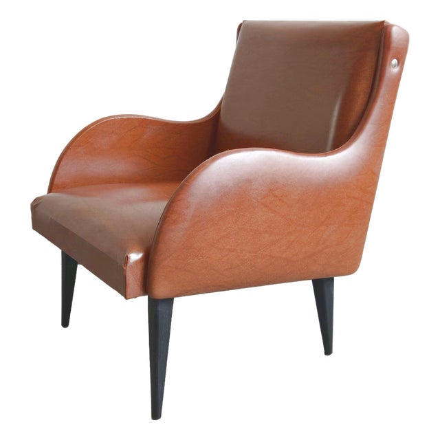 Vintage French Armchair in Havana Faux Leather and Black Lacquered Wood, 1960s For Sale