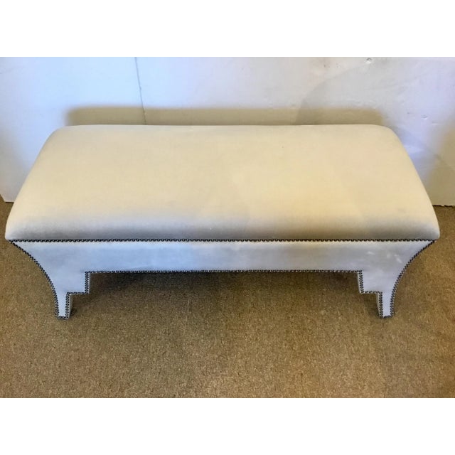 Stylish Modern Light Gray Velvet Alexis Ottoman, antique brass nailhead accents, showroom floor sample, original retail $1074