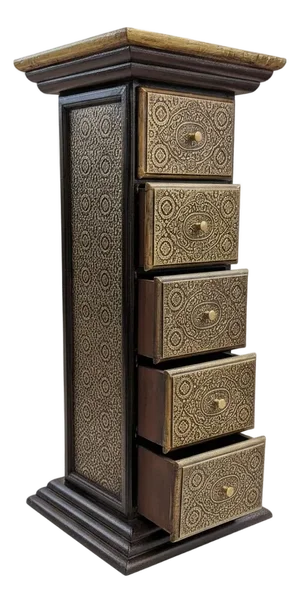 Unique Wooden Pedestal With Drawers Accented With Hand Embossed Brass Foil