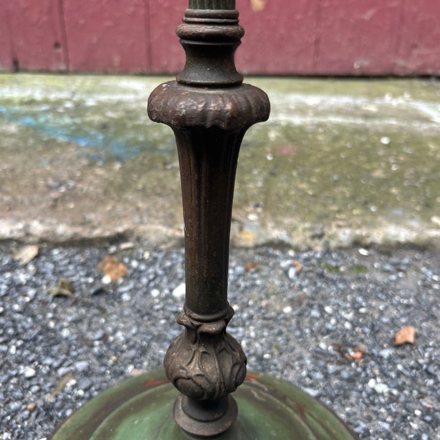 Green 1930s Monolite "The Better Light" Hand-Painted Toleware & Spun Copper Torchiere Floor Lamp For Sale - Image 8 of 12