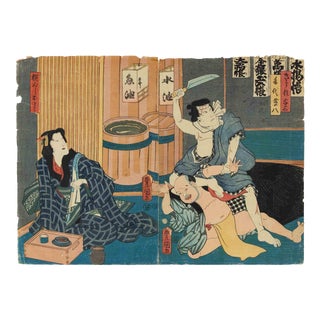 Utagawa Kunisada, Kabuki Scene in an Oil Shop, 1850s, Woodcut For Sale