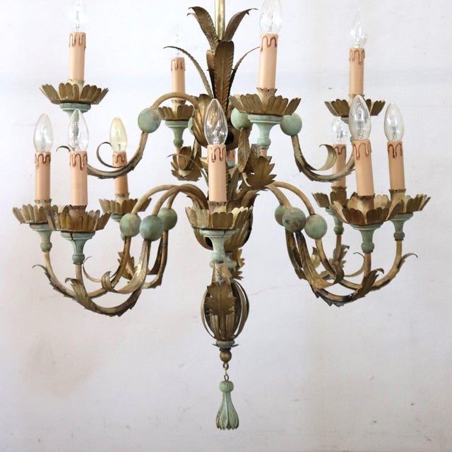 Metal Chandelier in Iron, Brass and Lacquered Wood, 20th Century For Sale - Image 7 of 13