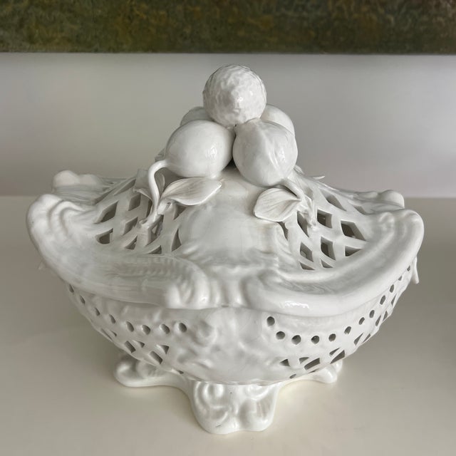 Vintage Italian Reticuated Ceramic Creamware Lidded Tureen With Applied Fruit