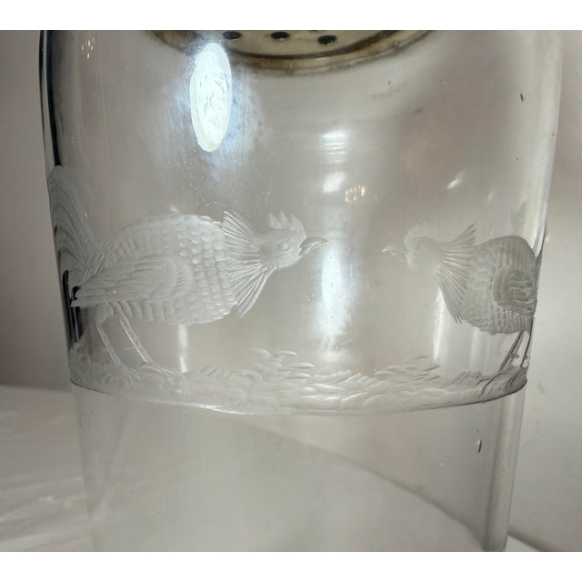 Antique Handmade Sterling Silver Etched Crystal Hawkes Rooster Cocktail Shaker For Sale - Image 4 of 16