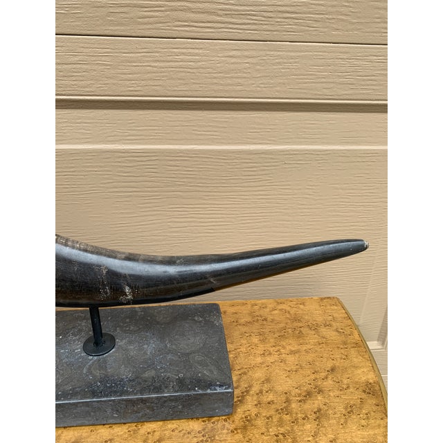 Black Pair of Vintage Faux Ram Horn Sculptures on Black Marble Bases For Sale - Image 8 of 16