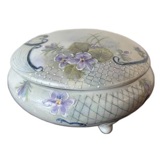 1930s Round Handpainted Vanity Dish With Lid, Signed For Sale